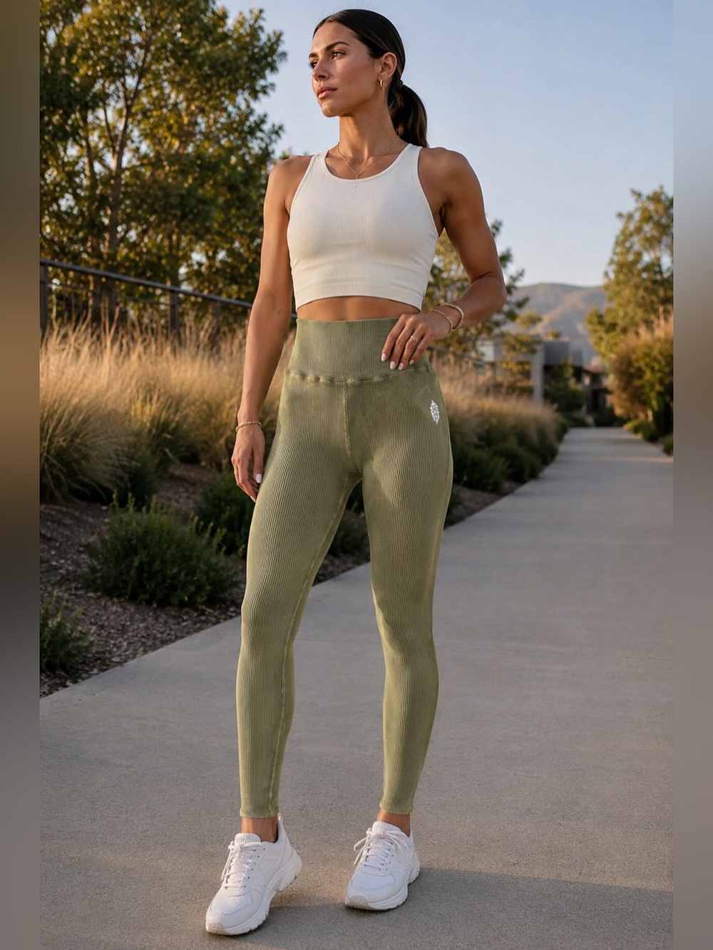 Free People Movement Ribbed Seamless High Rise Leggings Olive Green XS/S MadeUSA